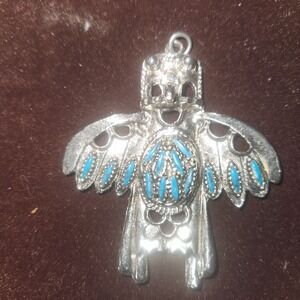 Vintage Native American Style Thunderbird Pendant Silver Tone stone Inlay Bird